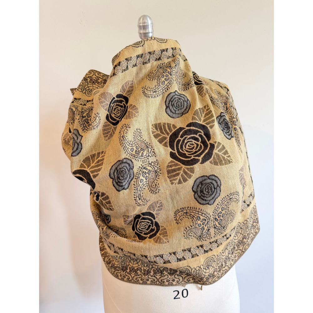 Pashmina Gold Black Rose Paisley Floral Jacquard Reversible Shawl Wrap Scarf
